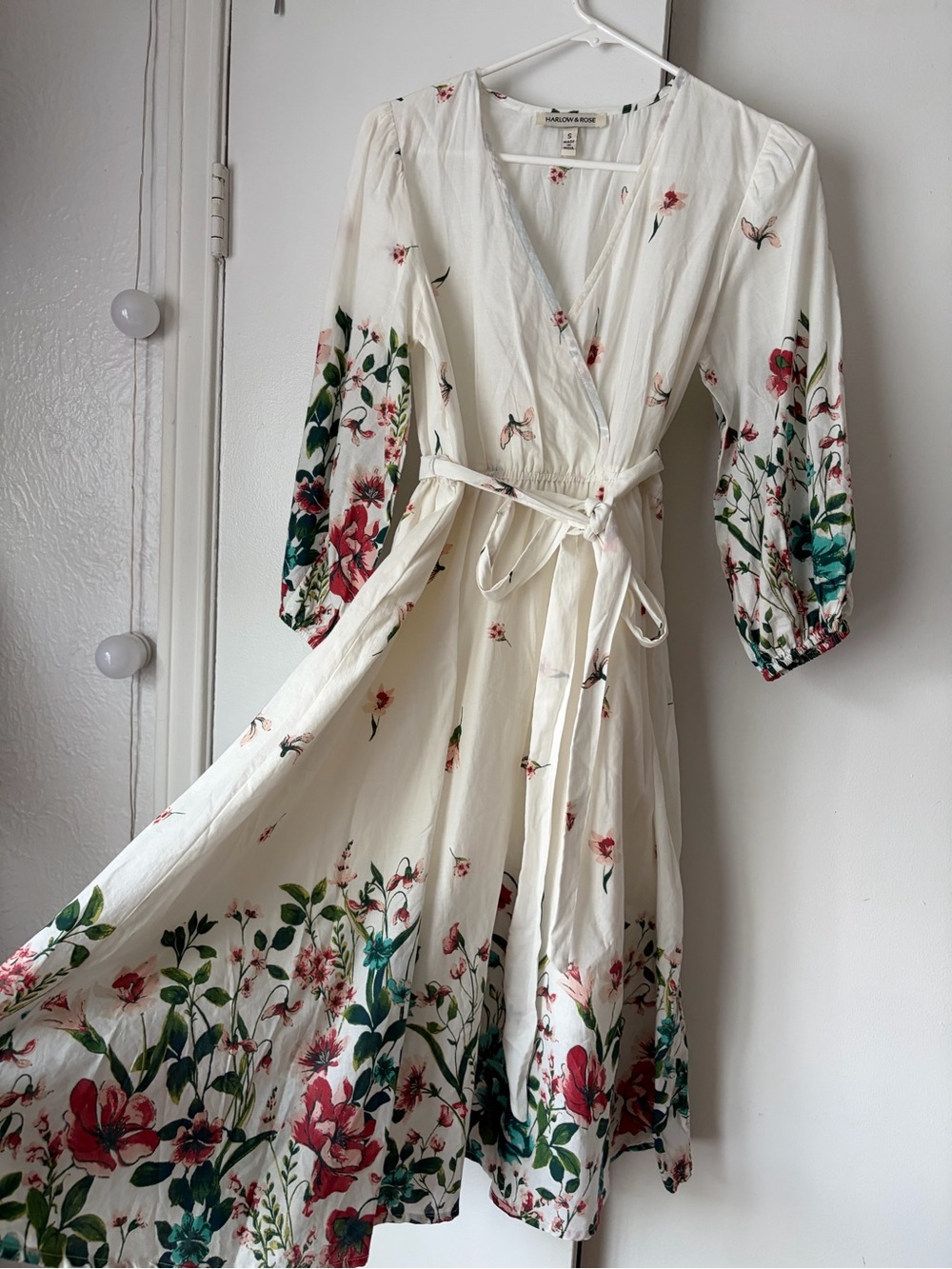Harlow Ivory Wrap Midi Dress with Pink & Green Floral Print